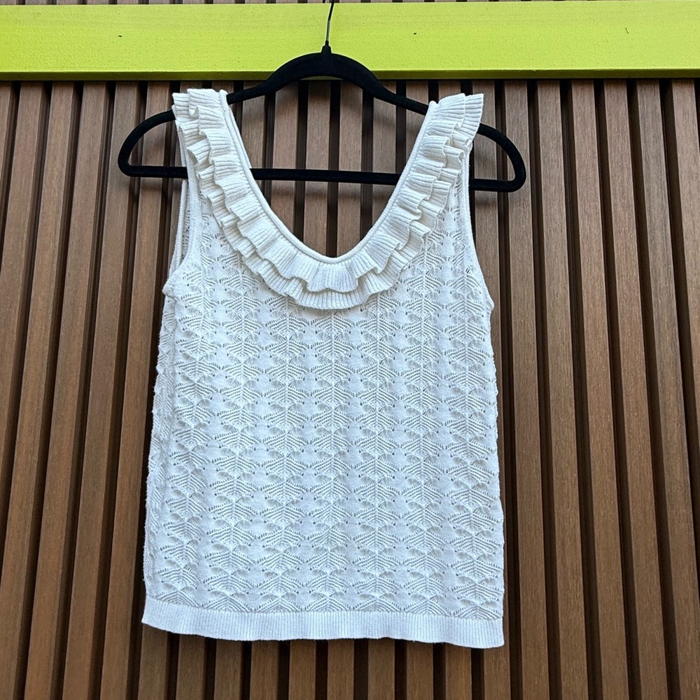 Maje Textured White Tank Top with Ruffled Neckline